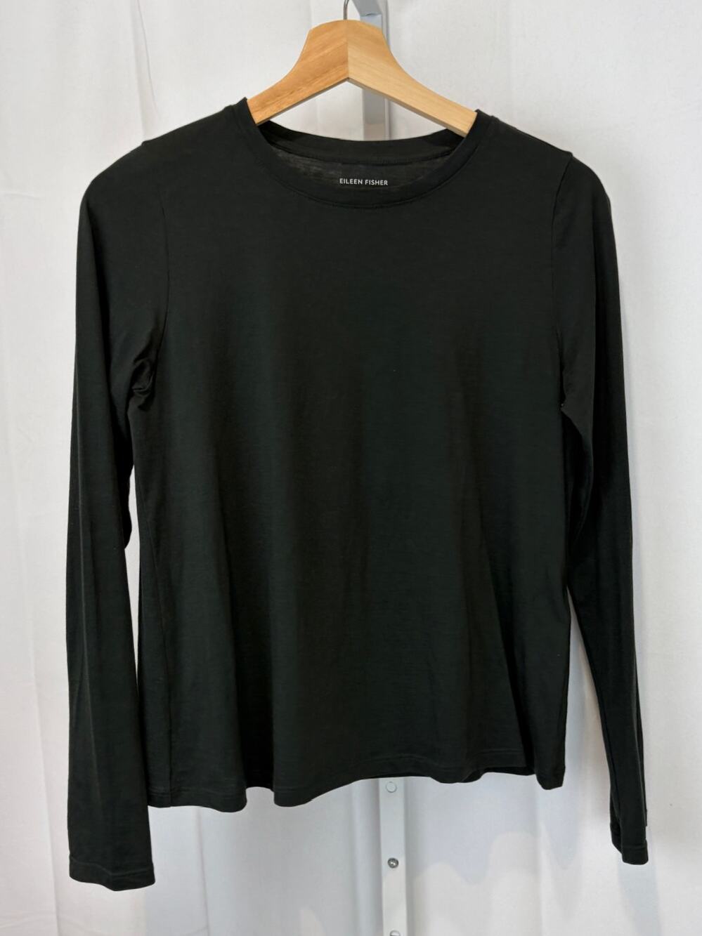 EILEEN FISHER Organic Cotton Jersey Crew T Shirt Long Sleeve Black Green 2XS XXS